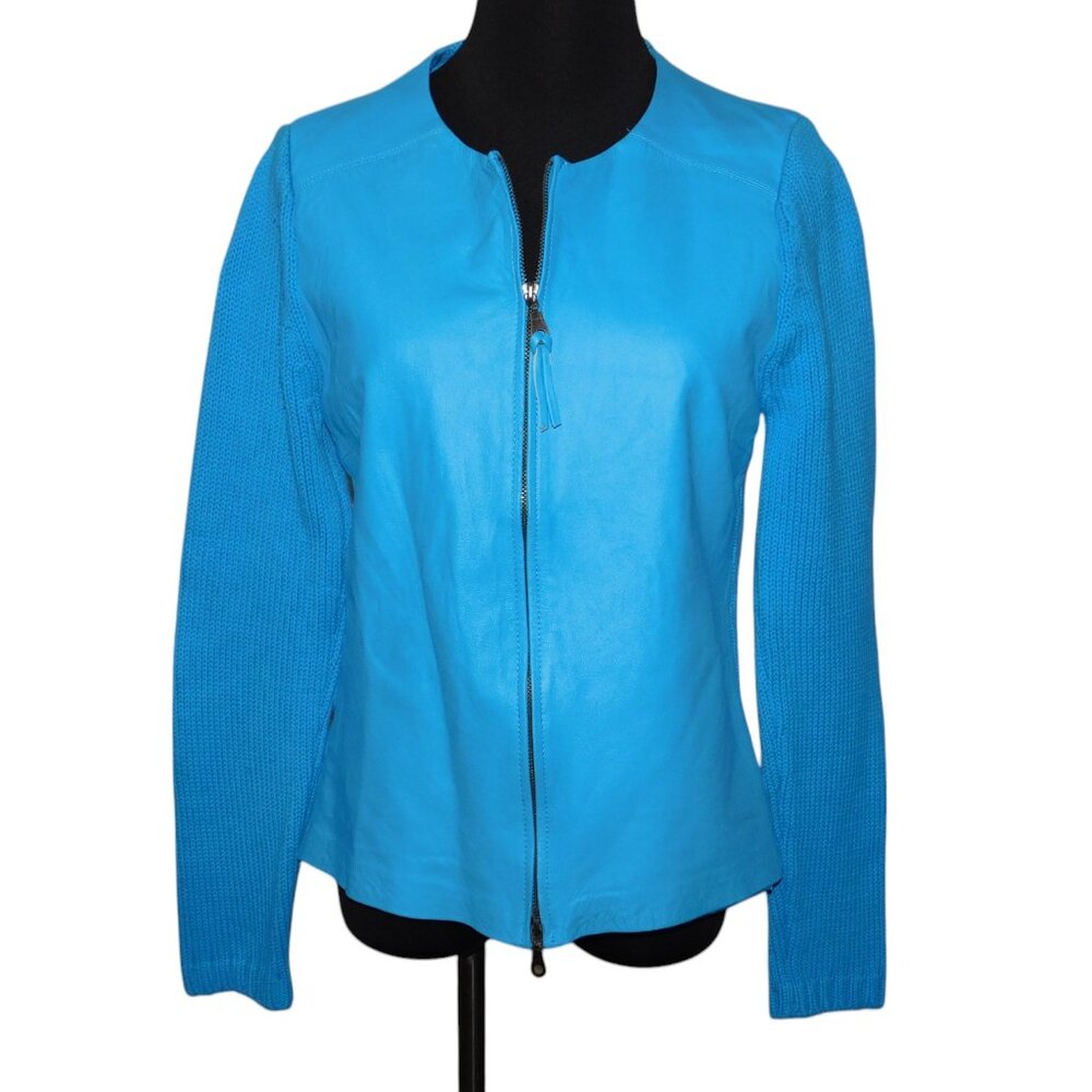Maurice Sasson Blue Leather & Cotton Knit Jacket Size Small